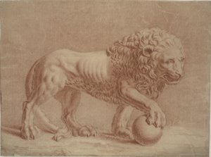 Lion vände sig åt höger med sin högra tass på en jordglob