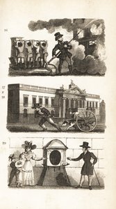 Brandbilen, ritning av varor på en lastbil, East India House och London Stone av Isaac Taylor