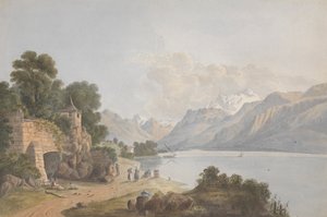 Bergigt landskap med sjö, port och figurer av Isaac Weld