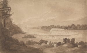 Utsikt över Niagarafallen med fallen i bakgrunden, höger och landskap med hus i förgrunden av Isaac Weld