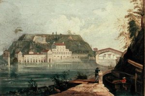 Fairmount Waterworks, efter en gravyr av W. H. Bartlett från ca 1835 (olja på duk) av Isaac Williams