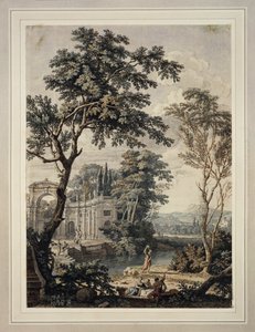 Arkadiskt landskap med palatsarkitektur av Isaac de Moucheron