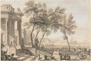 Fantastisk hamnscene med arkitektur och figurer av Isaac de Moucheron