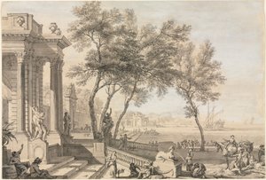 Fantastisk hamnscene med arkitektur och figurer, 1713.