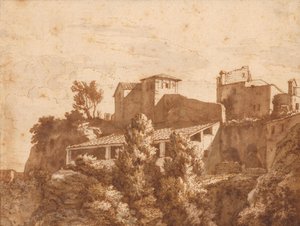 Vy över några hus (Tivoli?) av Isaac de Moucheron