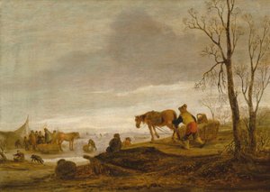 Ett vinterlandskap med figurer på en frusen flod av Isaac van Ostade