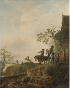 Landskap med ryttare som stannar till vid ett värdshus av Isaac van Ostade