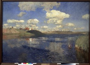 Sjön. Utsikt över den vidsträckta sjön som kantas av vass, vid stränderna, en by och odlade fält. Målning av Isaac (Isaak) Ilyich Levitan (1860-1900), olja på duk av Isaak Ilyich Levitan