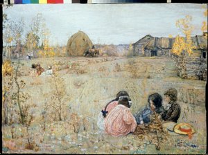 Late Dashniks (Late Dashniks). (Dashniken är en rysk trädgårdsmästare som regeringen har tilldelat en dacha och några hektar att odla för personlig produktion). Målning av Izaak Izrailevich (1884-1939). Olja på duk av Isaak Israilevich Brodsky