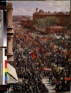 ""Parad on Nevsky Prospect in Leningrad (Sankt Petersburg)"" Målning av Isaak Izrailevich Brodsky (Brodsky) (1884-1939) (socialistisk realism) 1930 Statens ryska museum Sankt Petersburg av Isaak Israilevich Brodsky