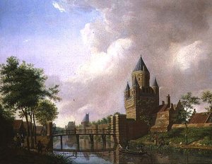 Utsikt över Kleine Houtpoort, Haarlem av Isaac Ouwater