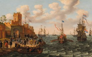 En holländsk tremästare och en påvlig galär med annan sjöfart längs kusten av en befäst stad, ca 1662 (olja på panel) av Isaak Willaerts