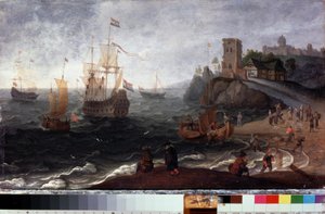 Fiskmarknad på stranden (fiskmarknad vid havet). Målning av Isaac Willaerts (1620-1693). Olja på trä, 35,5 x 67 cm, ca 1640. Holländsk konst från 1600-talet. Statens museum för historia och konst, Serpukhov (Ryssland). av Isaak Willaerts