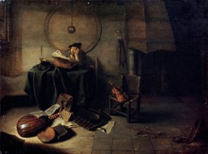 "Melancholy II Scientist in his studio", holländsk målning från 1600-talet av Isaak de Jouderville