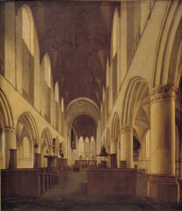 Interiör av St Bavo-kyrkan i Haarlem. Utsikt från långhuset mot kören av Isaak van Nickelen