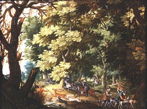 Ett skogslandskap med jägare och hundar (olja på koppar)