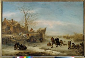 Canal gele med parskridskoåkning Målning av Isaak Van Ostade (1621-1649). 1600-talets sön. 1x1,49 m