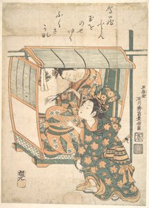En kvinna sittande i en kago av Ishikawa Toyonobu