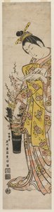 Kurtisan som läser en dikt som är knuten till blommor i en vas av Ishikawa Toyonobu