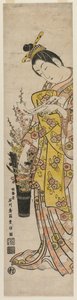 Kurtisan som läser en diktslipa bundet till blommor i en vas, mitten av 1740-talet.