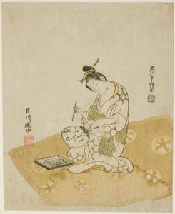 Skriver på en fläkt av Ishikawa Toyonobu
