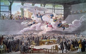 Franska revolutionen: "" Le ed du jeu de Paume le 20 juin 1789"" Deputerade svär att inte separera sig förrän en konstitution har rättats. Gravyr av Isidore Helman (1743-1809) 1789 Paris, B.N.
