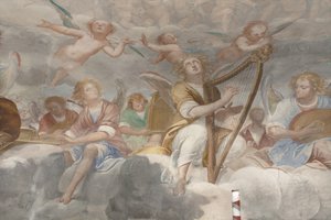 Änglar, musikeränglar och puttos, detalj av Paradiset med den evige Fadern, c.1623-34 (detalj av 3496185) av Isidoro Bianchi