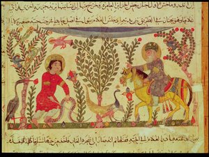 En läkare som ger hjälp till en man biten av en orm, manuskript från en avhandling av Dioscoride, 1200-talet av Islamic School