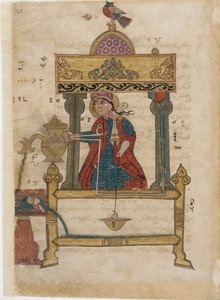 Handtvättautomat med spolmekanism, folio från The Book of Genial Mechanical Devices; av Al-Djazari, 1315 (ogenomskinlig wc, bläck och guld på papper) av Islamic School