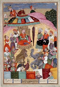 Islamisk konst: "" Sohrab (Saharab) framför kungens tält"" Persisk miniatyr från ett manuskript av den episka dikten "" Shahnameh"" (Shah Nama, Shahnama) (Kungarnas bok) av Ferdowsi (Firdawsi eller Ferdawsi, eller Firdousi, ca 940-cirka 1020) (ms. 607) Cha av Islamic School