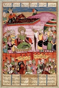 Islamisk konst: "" Sohrab (Saharab) står vid Roustams tält""" Persisk miniatyr från ett manuskript av den episka dikten "" Shahnameh"" (Shah Nama, Shahnama) (Kungarnas bok) av Ferdowsi (Firdawsi eller Ferdawsi) , eller Firdousi, ca 940-cirka 1020) (ms. 607 av Islamic School