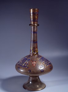 Islamisk konst: flaskan har länge enamed glashals av vice kung Tuquztemur. 1345 ca.. från Egypten eller Syrien. Dämpa. 50 cm. Paris, Louvren av Islamic School