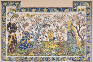 Väggmålning av figurer som kopplar av i en trädgård, från Tchehel Sutun eller paviljongen med fyrtio kolumner byggd av Shah Abbas II (1642-66), persisk, från Isfahan, Iran (keramiska plattor) av Islamic School