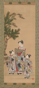 Kurtisan och två skötare på nyårsdagen, ca. 1780-talet. av Isoda Koryusai