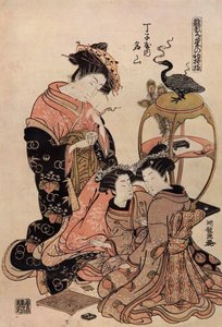 Japansk kurtisan i kimono dricker en kopp te av Isoda Koryusai