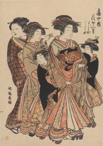 Kurtisanerna Hanaofuki, Yoshiya och Yoshino från bordellen Ōgiya av Isoda Koryusai