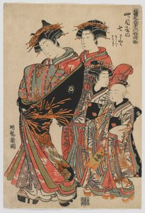 Modeller för mode: Nya mönster som färska unga löv: Courtesan Nanasato från Yotsumeya med hennes skötare Nanaji och Satoji, Edo-perioden, 1778-80 (träblock i färg)