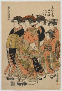 Modemodeller: Nya mönster som färska unga löv: Courtesan Tagasode of Daimonjiya med Katsuru, Tomeki och skötare, Edo-perioden, 1778-80 (träblock i färg) av Isoda Koryusai