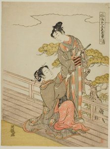 Parodi på pansardragande scenen (Kusazuribiki), från serien "Fashionable Parodies of Bravery in Love (Furyu mitate iro-buyu)" av Isoda Koryusai