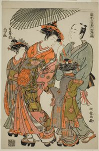 Shioginu från Tsutaya, från serien "Models for Fashion: New Designs as Fresh as Young Leaves (Hinagata wakana no hatsu moyo)" av Isoda Koryusai