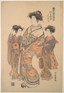 Kurtisanen Hitomachi från bordellen Tsutaya, ur serien ”En mönsterbok med årets första formgivningar, friska som vårörter” (”Hinagata wakana no hatsu moyō”) av Isoda Koryusai