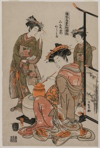 Kurtisanen Karahama från Yamashiroya utför teceremonin..., sent 1770-tal. av Isoda Koryusai