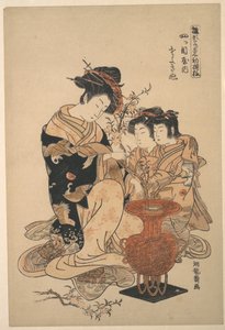 Kurtisanen Sayoginu från bordellen Yotsumeya, ur serien ”En mönsterbok med årets första utformningar, friska som vårörter” (Hinagata wakana hatsu moyō) av Isoda Koryusai