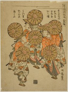 The Flowered-hat Dance (Hanagasa odori), från serien "Komiska föreställningar från Niwaka-festivalen i Pleasure Quarters (Seiro niwaka kyogen)" av Isoda Koryusai