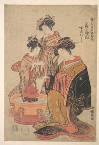 Oiranen Sugawara från Tsuru-ya sittande bredvid en hibachi (eldskål) av Isoda Koryusai