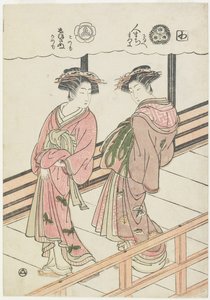 Två kurtisaner på en veranda, 1777 (trätryck i färg) av Isoda Koryusai
