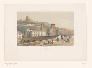 Utsikt över Pont Tilsitt och Saint-Jean-katedralen i Lyon Lyons. Vue du Pont de Tilsitt et de la Cathédrale (titel på objekt) Små ansikten i Frankrike (serietitel) France en miniature (serietitel på objekt) av Isodore Laurent Deroy