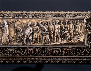 Detalj av ett miniatyr mänskligt skelett och sarkofag av Israel Rouchomovsky