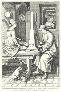 Tysk musiker som spelar en bärbar orgel, sent 1400-tal (litho) av Israel van (after) Mecken