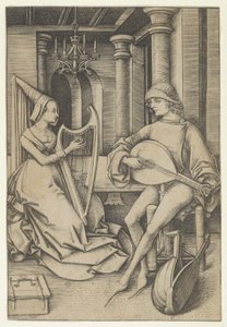 Lutspelare och harpist, från Scenes of Daily Life,.n.d. av Israhel van Meckenem